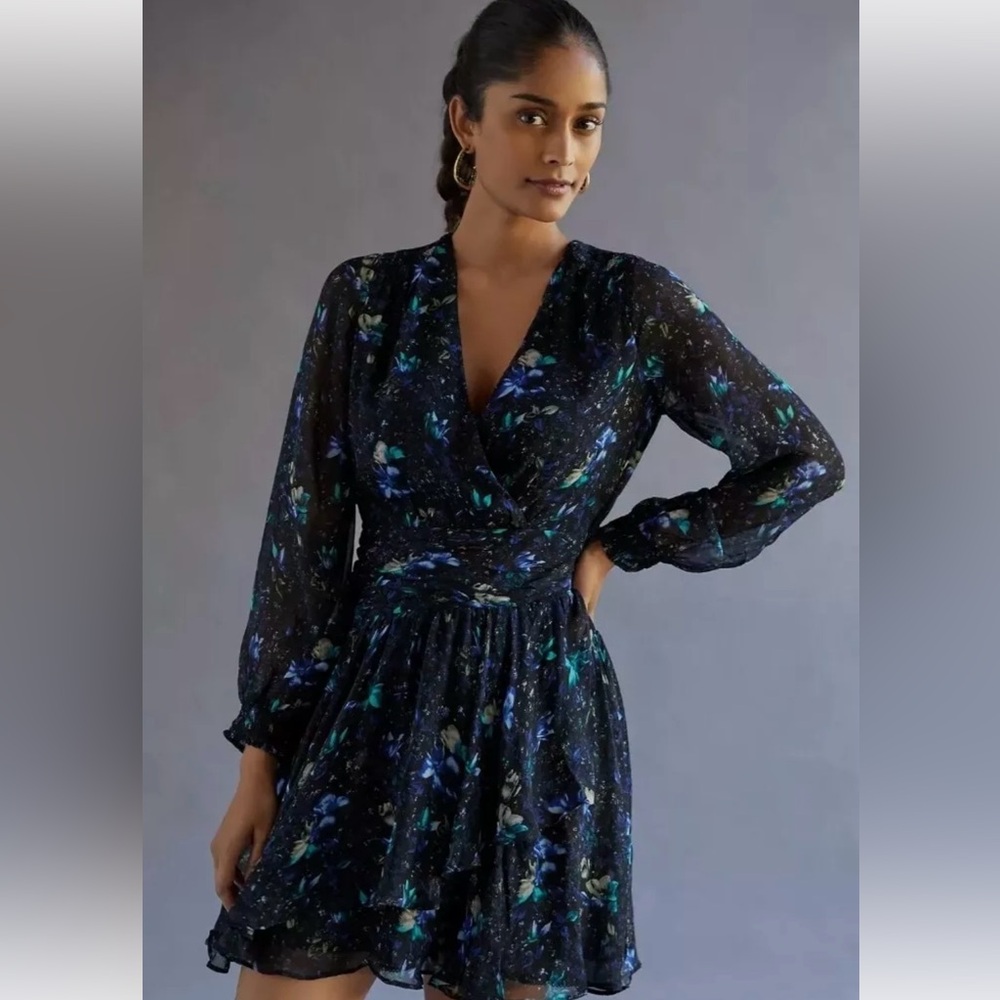 Anthropologie Black Mini Dress with Blue & Green Floral Print